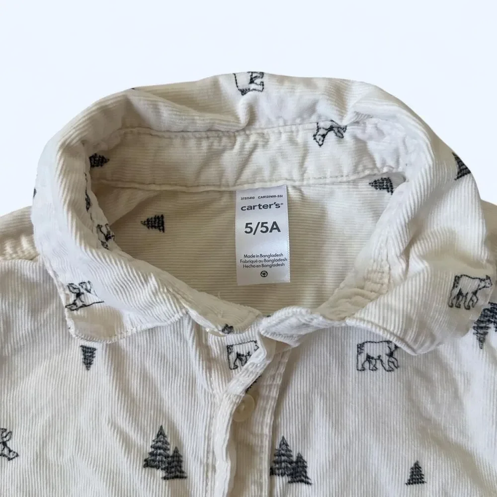 Carter’s Boys Button Down Shirt Size 5 White Bear Tree Print 100% Cotton